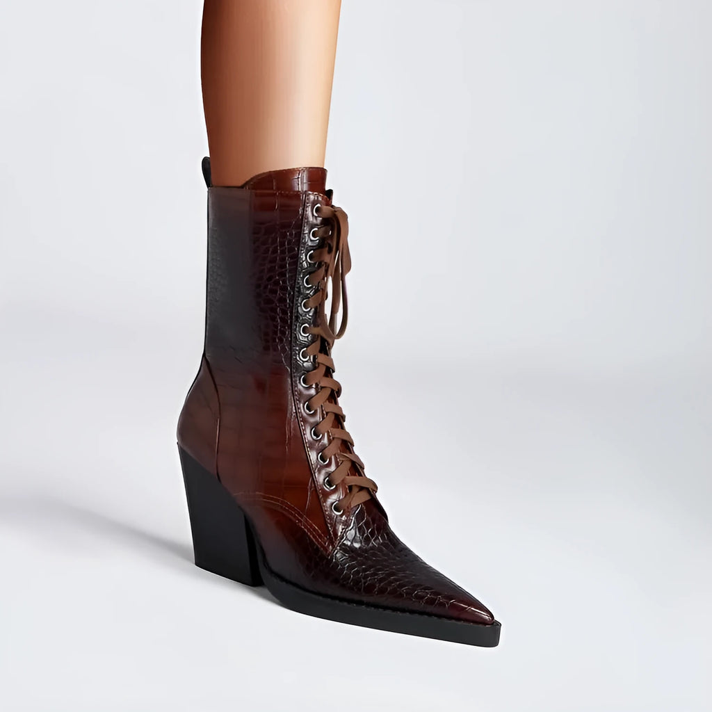 Dark brown women's lace-up ankle boots with a retro stone pattern, pointed toe, and a chunky high heel.