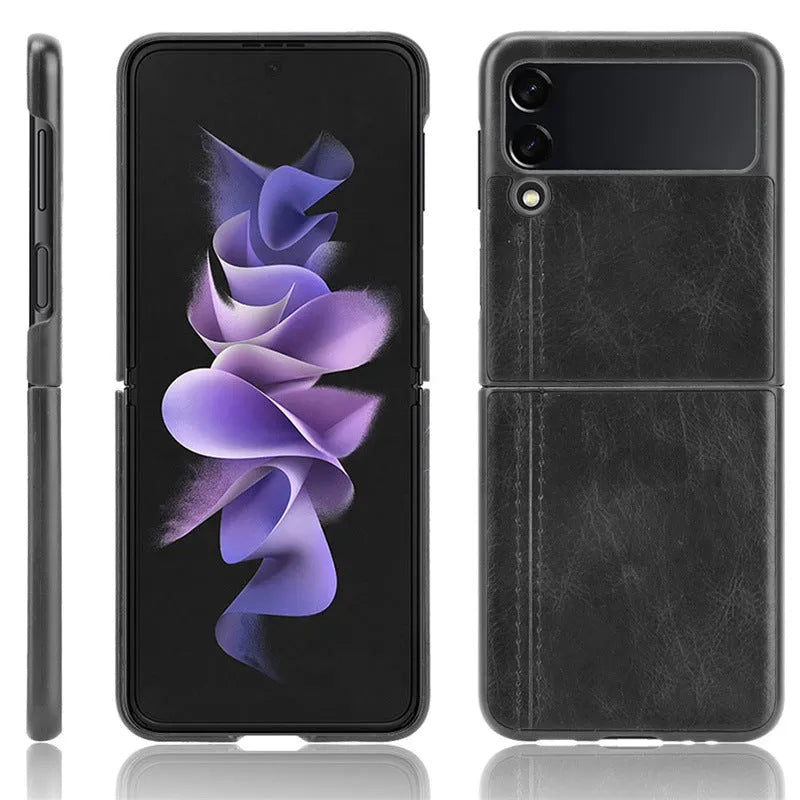 Cow pattern car thread phone case for Samsung Galaxy Z Flip 3 and 4, PC leather back cover in black.