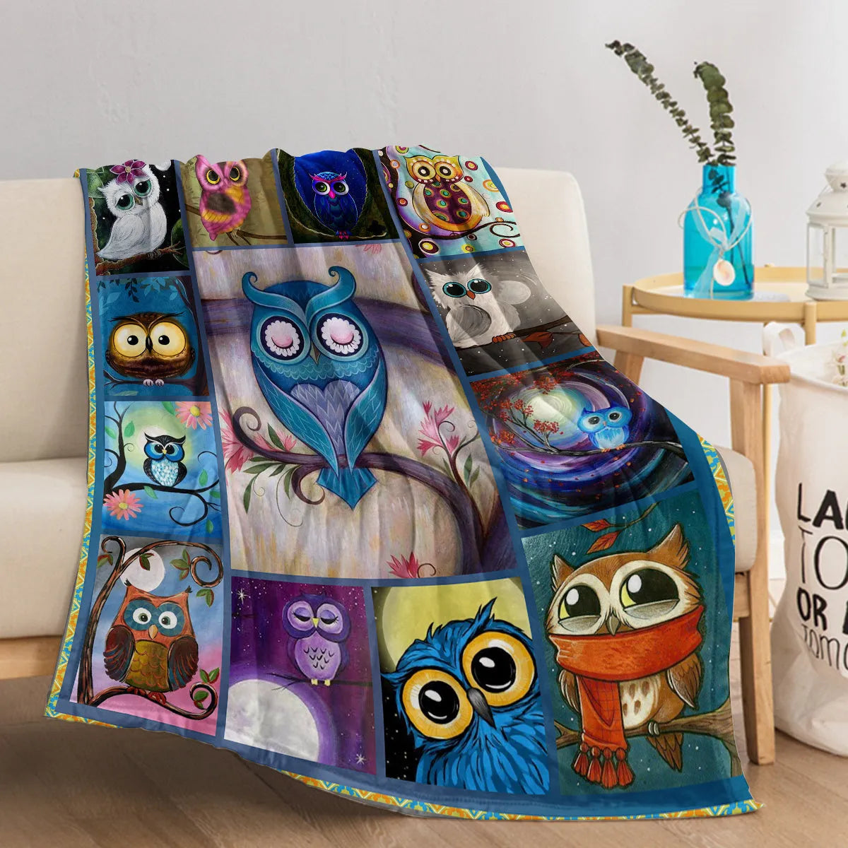 Soft flannel owl pattern blanket in multicolour, available in 75x100cm, 130x150cm, 150x200cm sizes