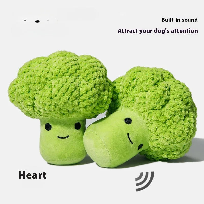Green broccoli-shaped dog plush sound toy for molar teeth cleaning and interactive play