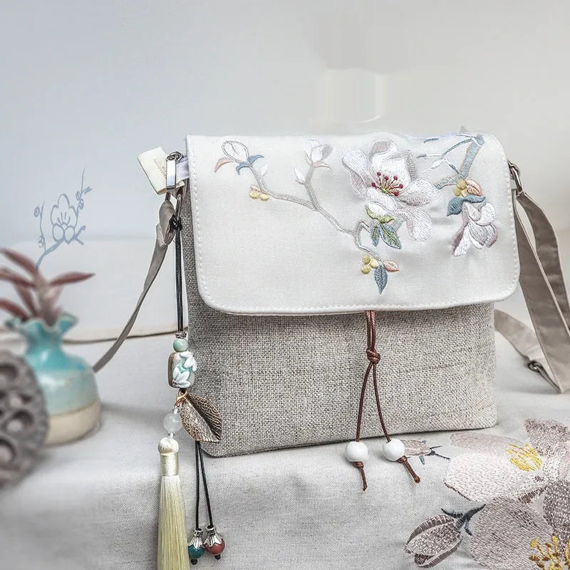Cotton and linen antique embroidery crossbody bag in Gray Blue Epiphyllum colour, canvas material, small square shape