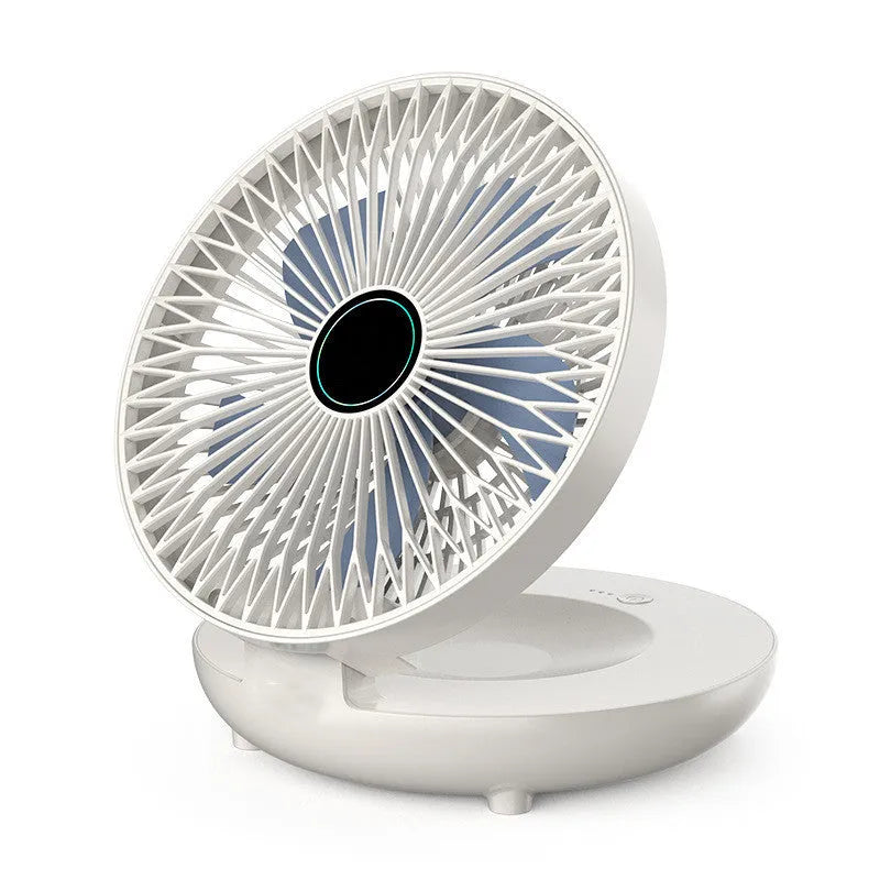 Folding wall mounted small fan in white with USB power cord and nail-free hook, ABS construction, brushless motor