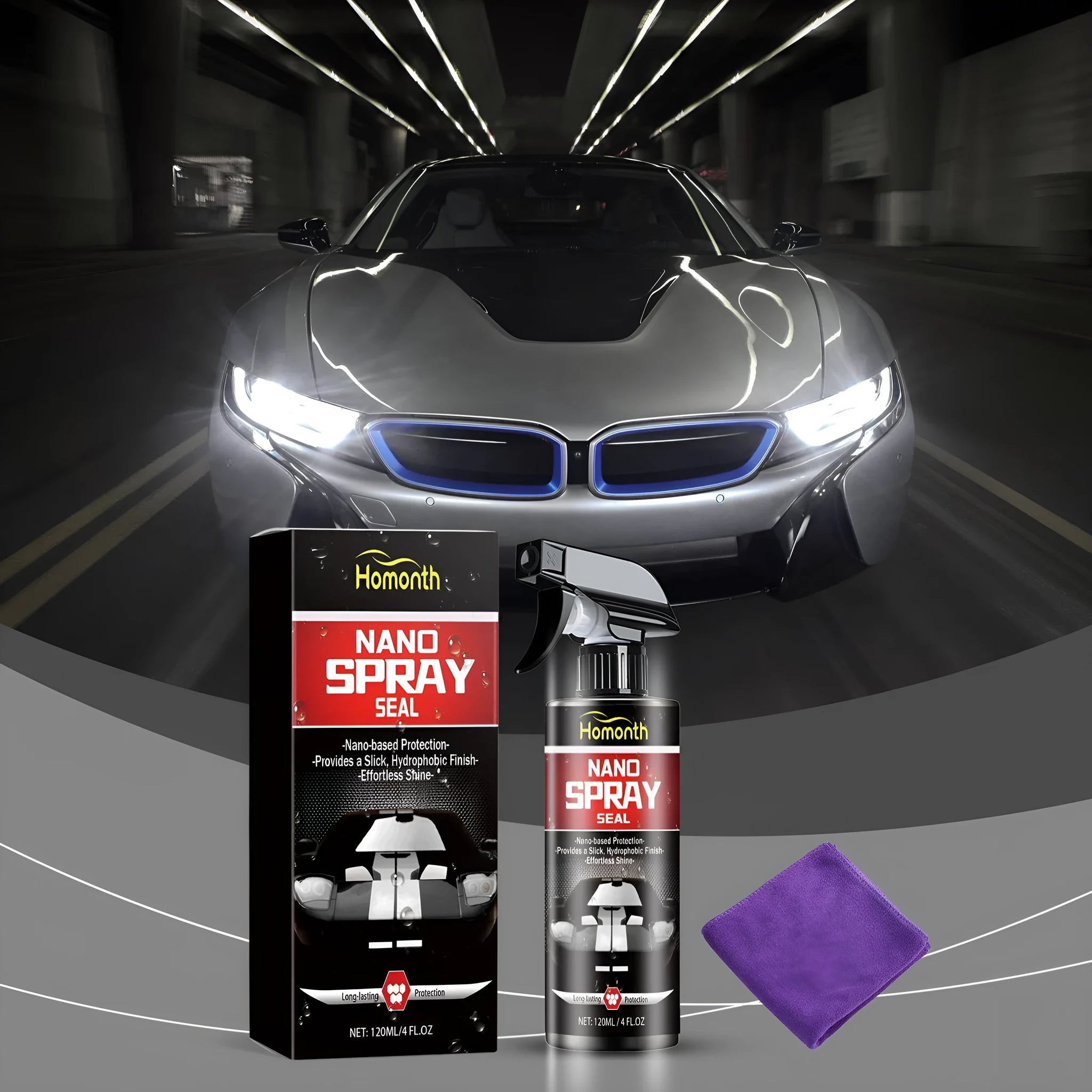 Automotive nano coating bright brilliant polish 120ml bottle with a folded towel on a car bonnet