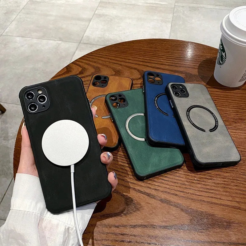 Black imitation leather magnetic charging case for iPhone on a magnetic car mount