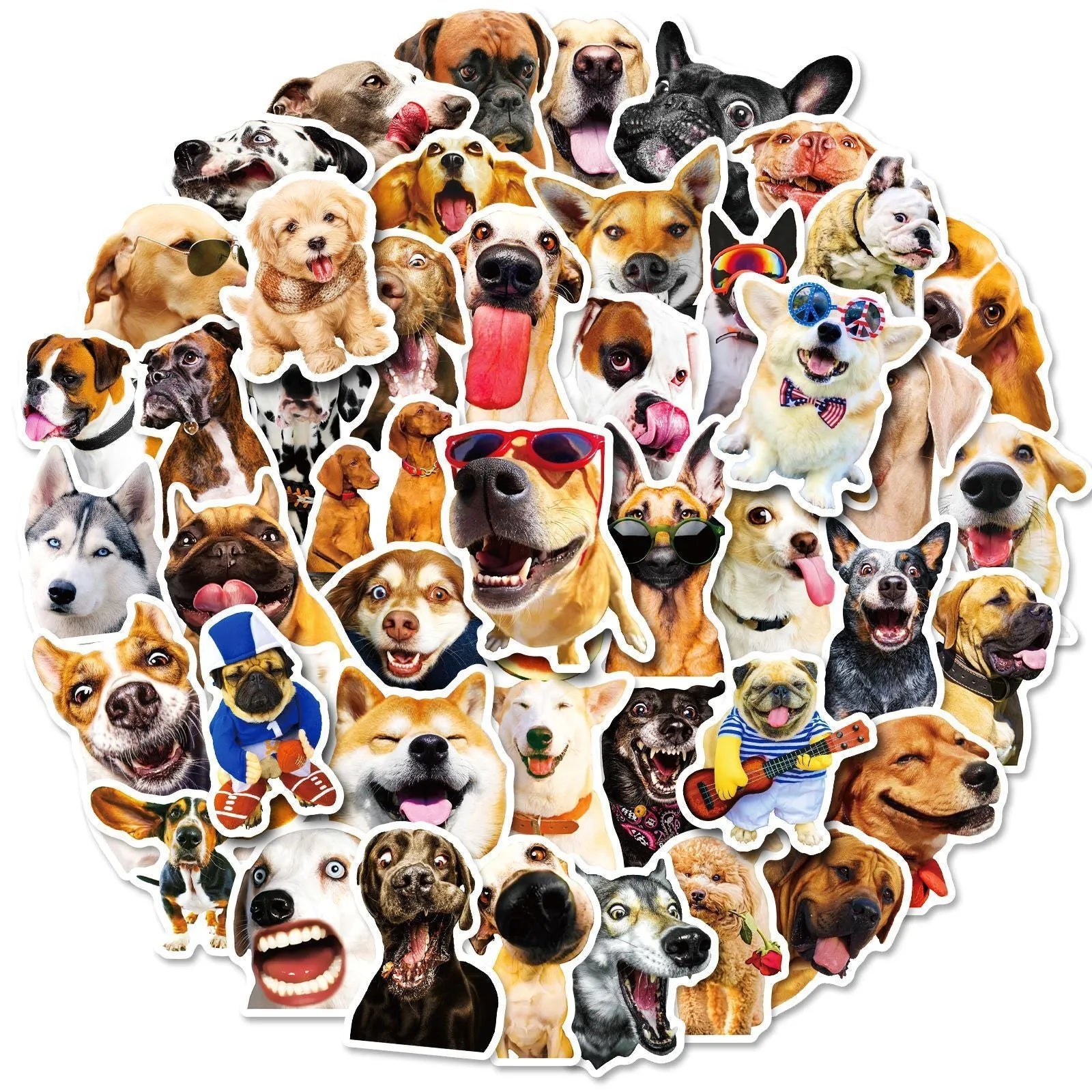 Pack of 100 realistic dog facial expression sticker sheets in Nordic design style.