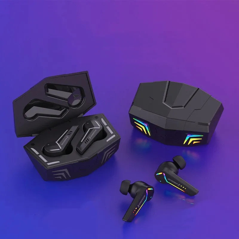 Black TWS Bluetooth gaming headset with low latency for sports.