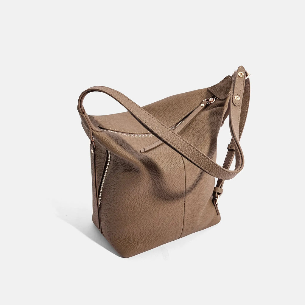 Women's soft cowhide leather bucket shoulder bag in elephant grey colour showing large capacity design
