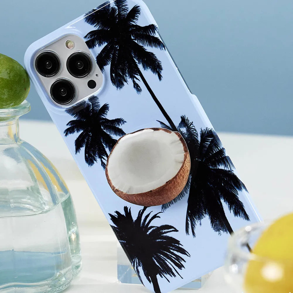 Summer coconut pattern TPU iPhone case shown on phone with bracket attachment option