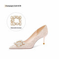 Champagne gold women's pointed toe stiletto heels with rhinestone decoration on the upper