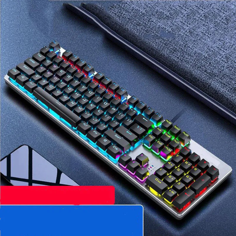 AOC GK410 wired mechanical keyboard with green switches and backlit keys on a desktop.