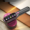 Purple folding handheld garment steamer 1200W with interchangeable plugs on plain background