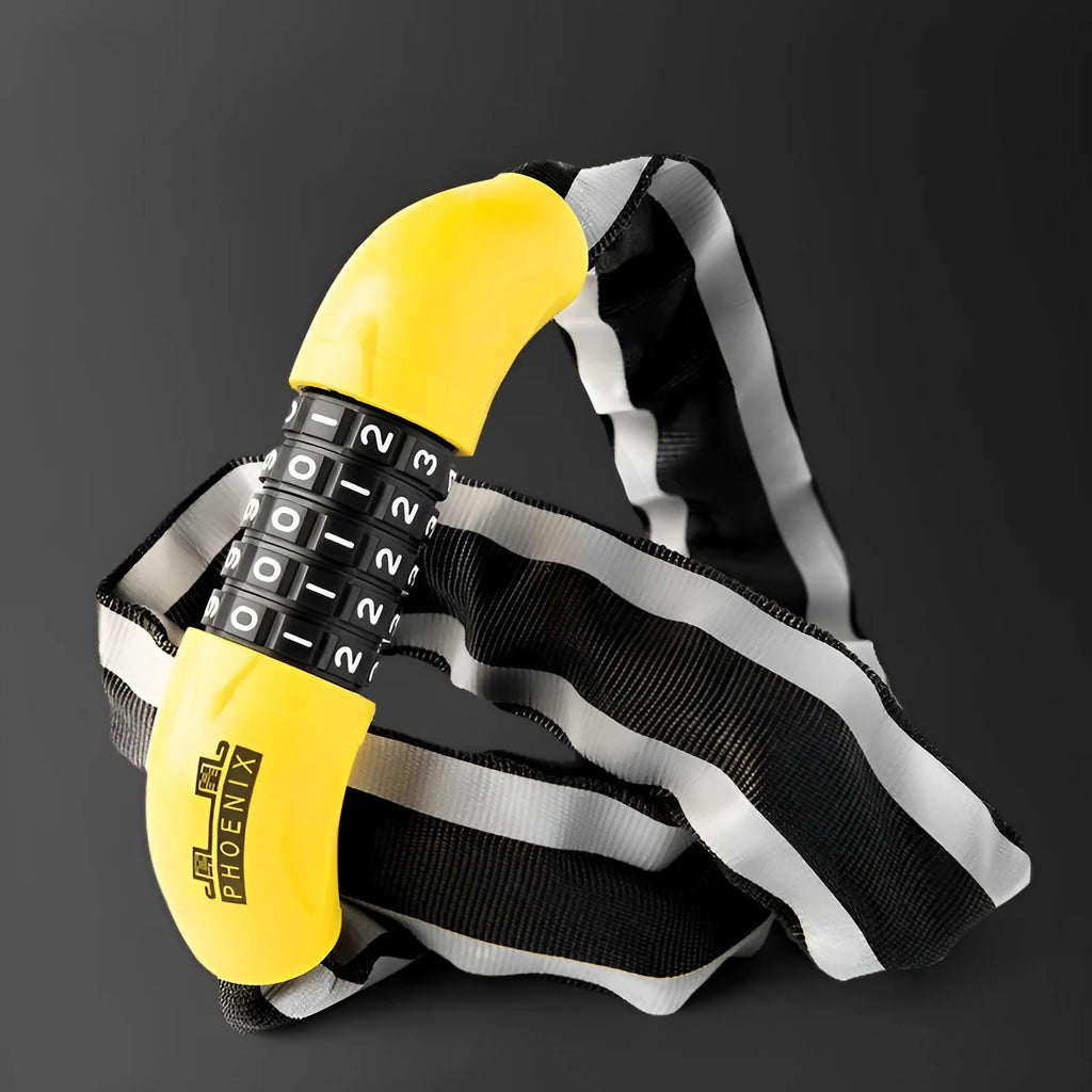 Portable hydraulic shear-resistant mountain bike chain lock in black and yellow variants with 95cm length