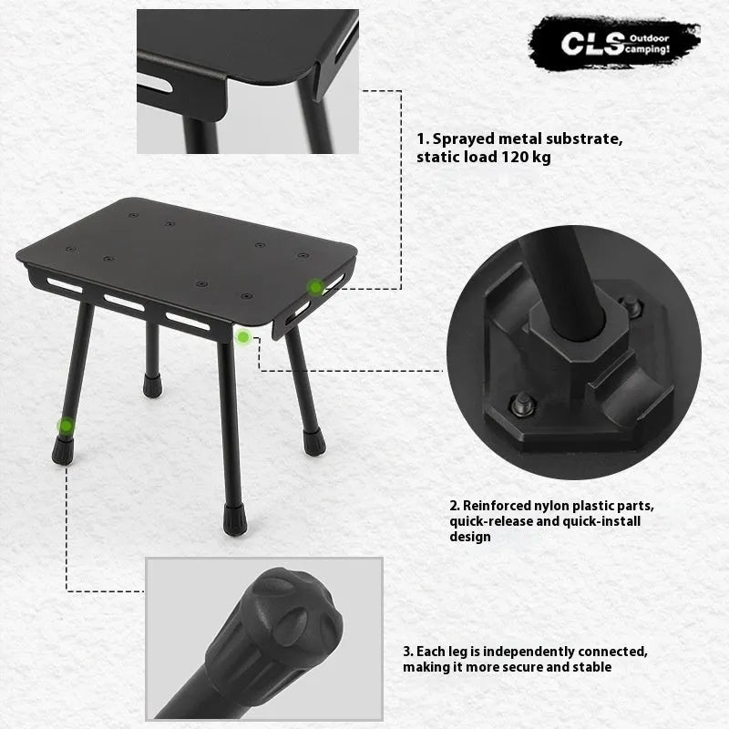 CLS aluminium dual-use camping stool shown in Army Green, folded and with storage bag.