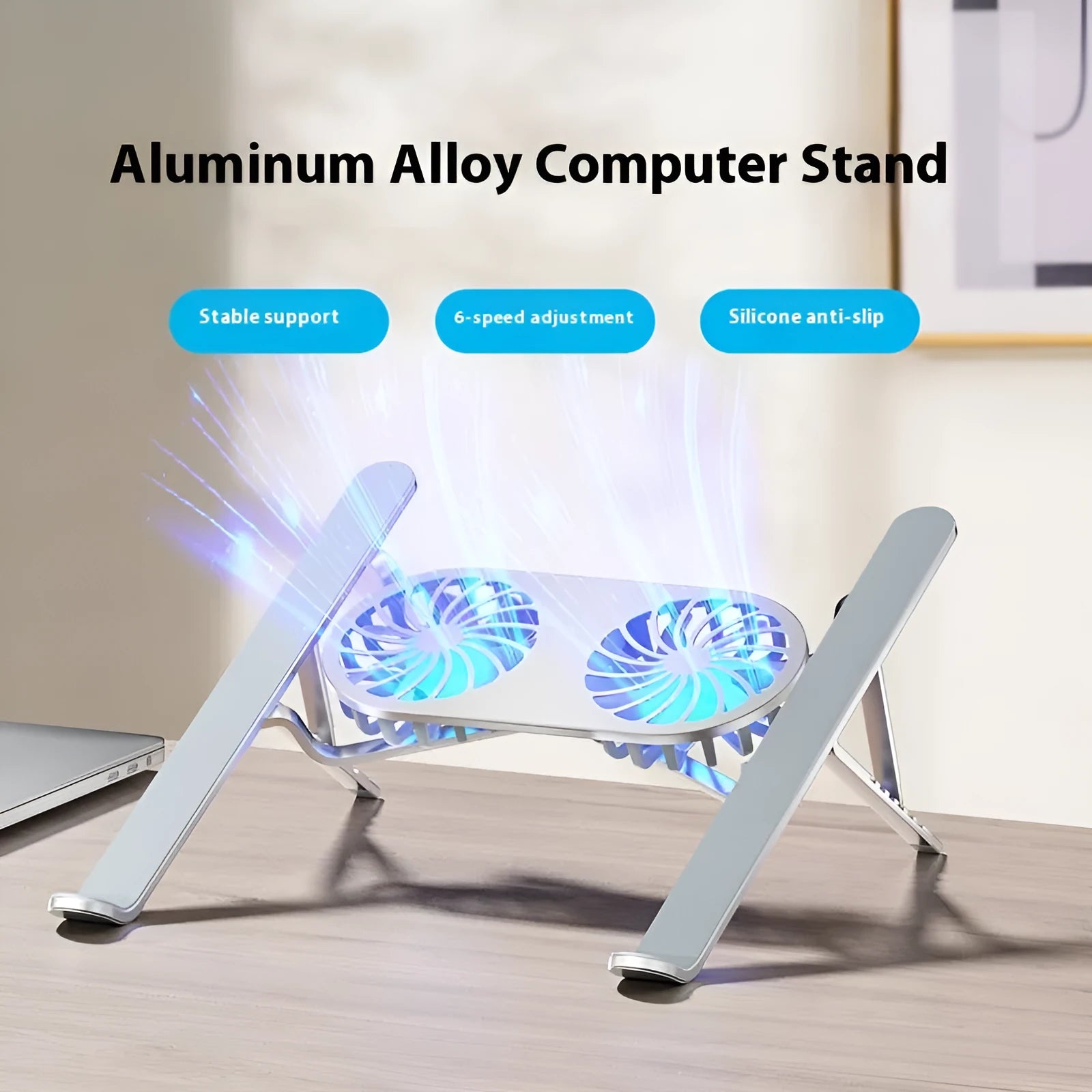 Silver aluminium laptop cooling stand with twin fans and adjustable height mechanism folded for storage