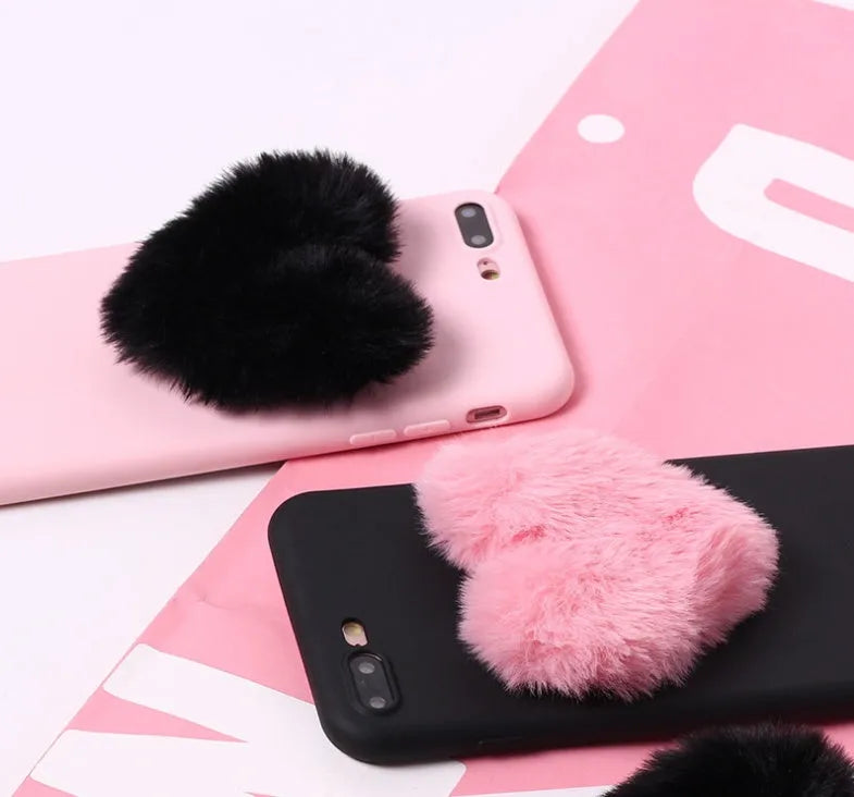 3D furry love hearts PU phone case for iPhone in Pink, back cover with textured hearts design