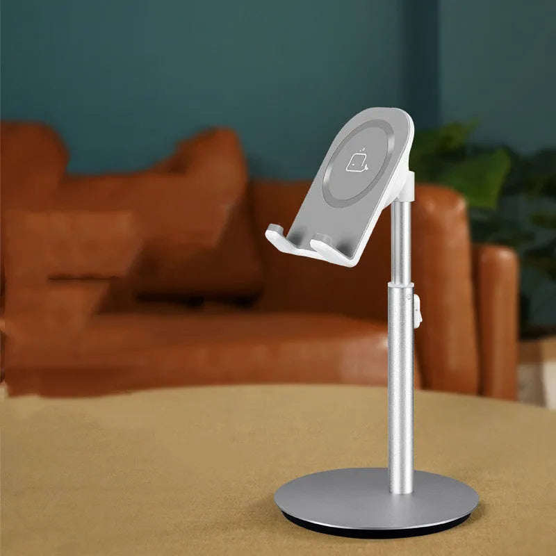 Silver metal desktop phone and tablet holder showing adjustable design for 3-11 inch mobile devices