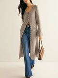 Khaki French style retro long sleeve coat cardigan with button front on display for commute and daily wear