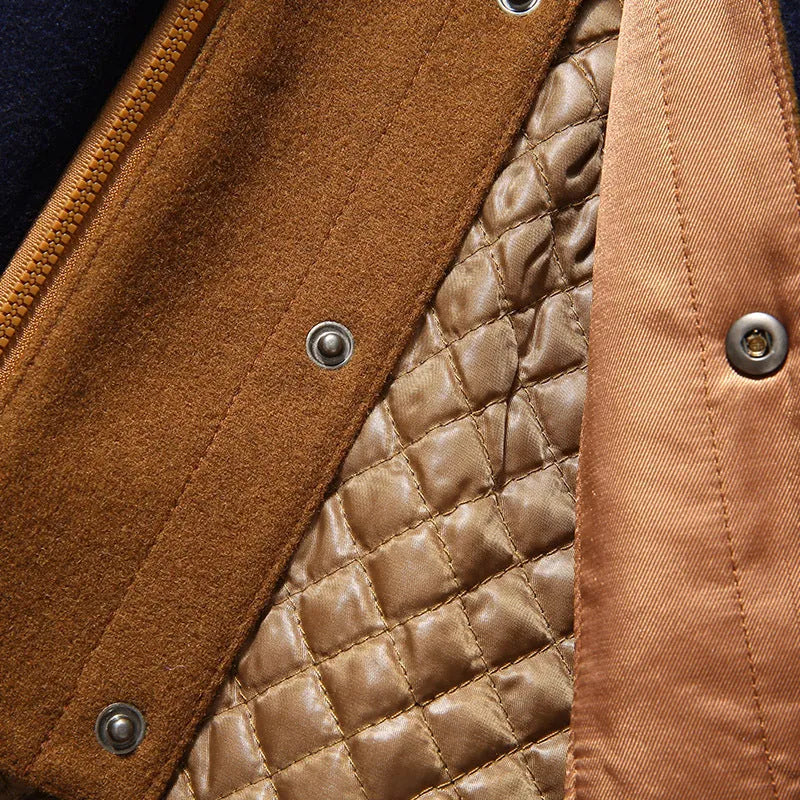 Men's woollen overcoat in khaki, navy or black with double collar and patch pockets, sizes L to XXXXL