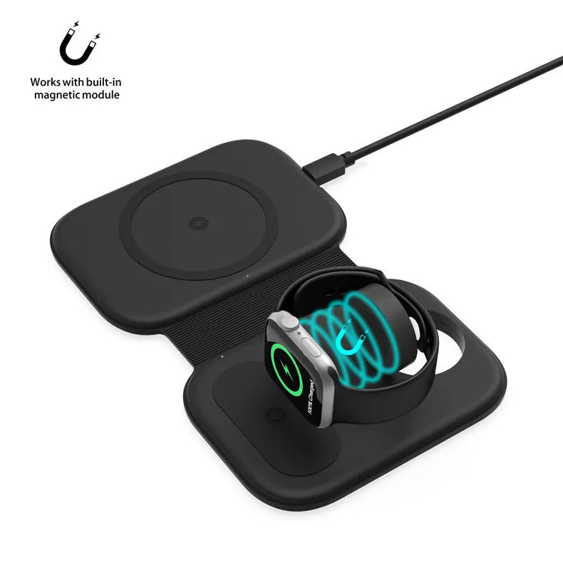 Magnetic wireless three-in-one foldable charger in black with iPhone, Apple Watch, and AirPods placed on charging zones