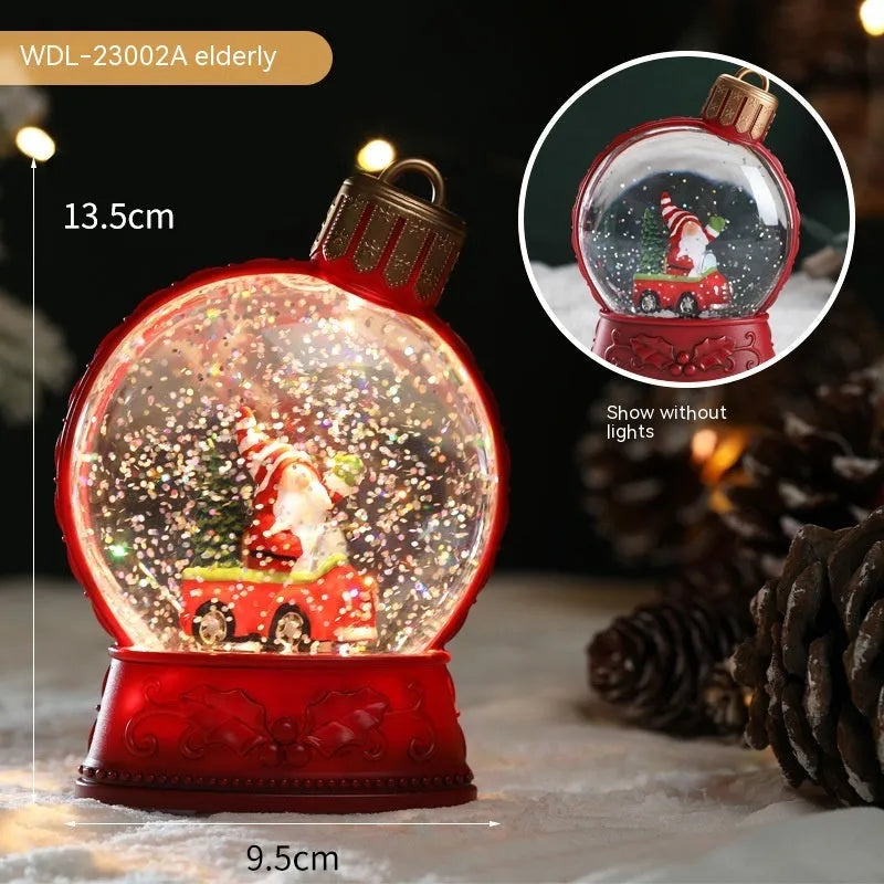 Christmas LED flame light decoration showing four character options: old man, snowman, child tree, and angel designs