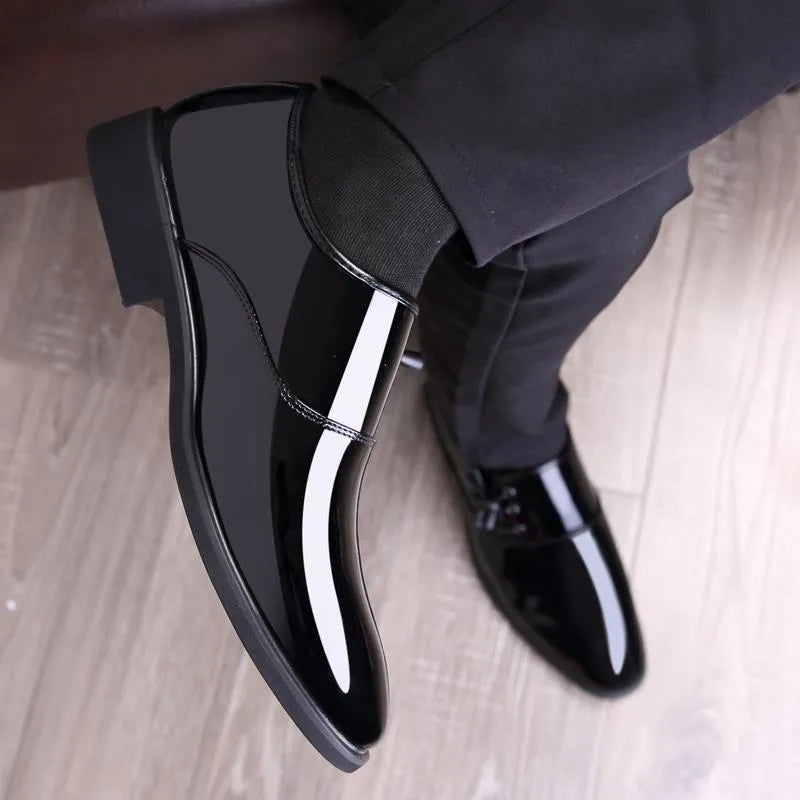 Men's black and brown formal business shoes with round toe, square heel, and slip-on design