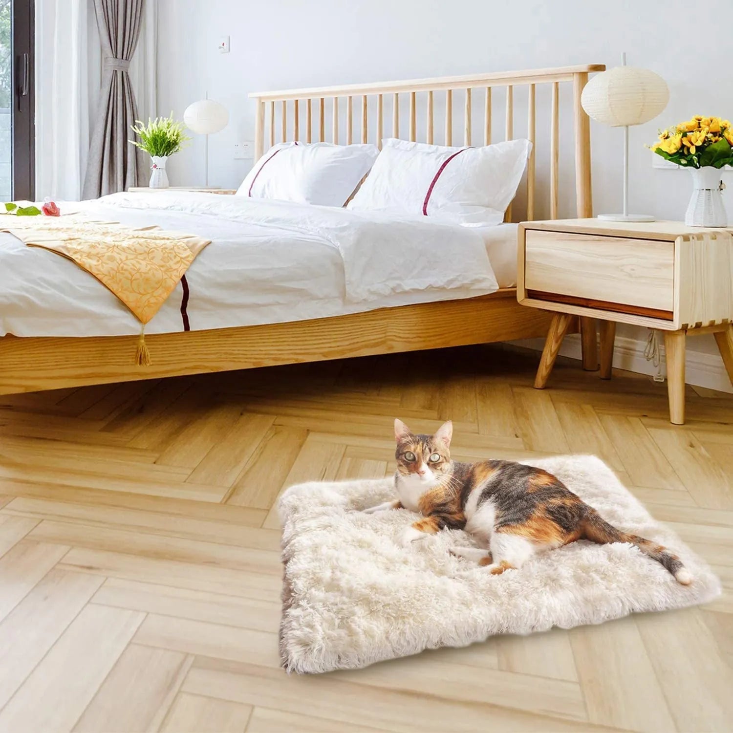 Grey pet blanket nest with long fluffy plush and black non-slip bottom for cats and dogs
