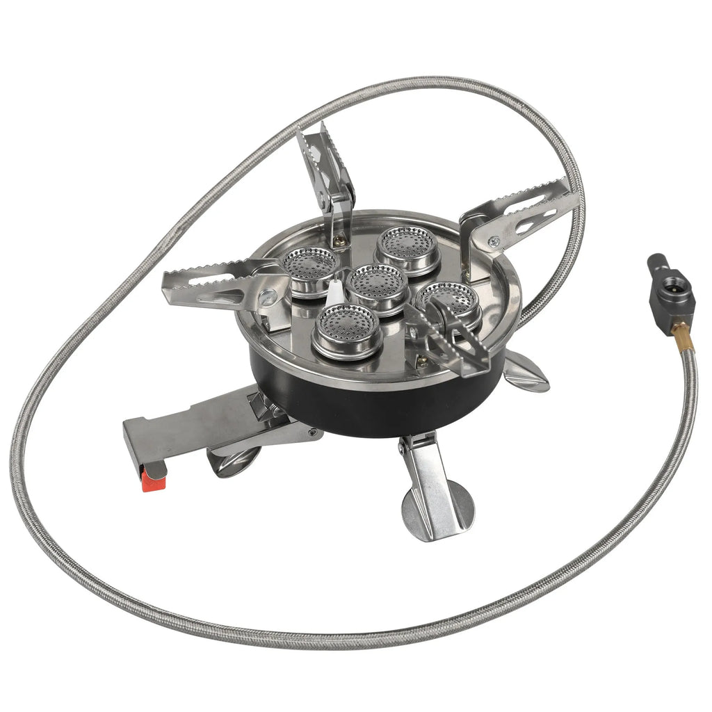 Silver portable foldable stainless steel split stove for outdoor camping and picnics.