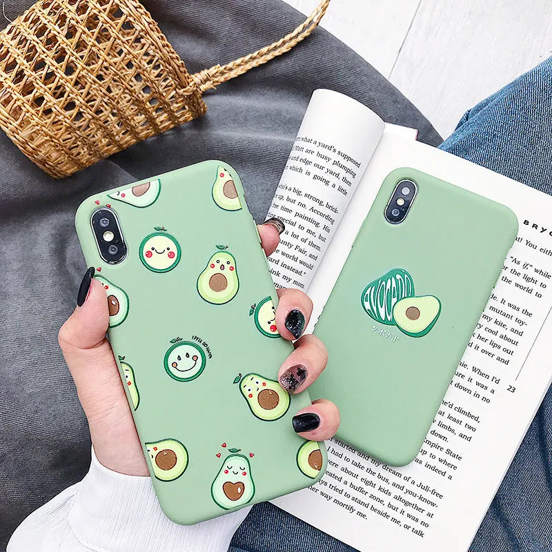 Avocado cartoon design on a green TPU back cover phone case for smartphones.