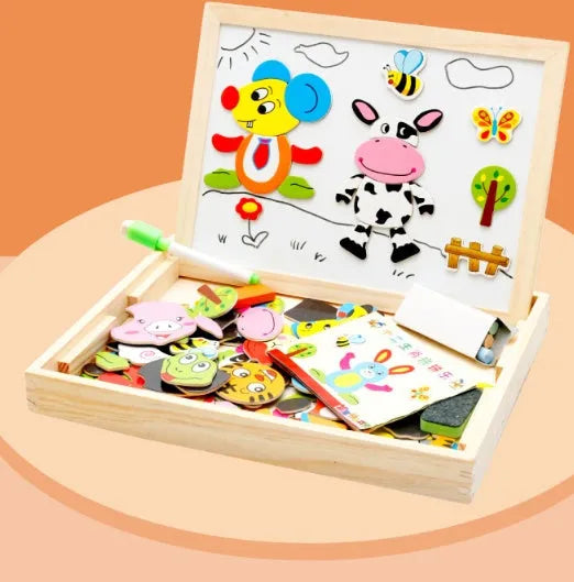 Wooden magnetic puzzle board with animal and circus theme pieces for children's educational play