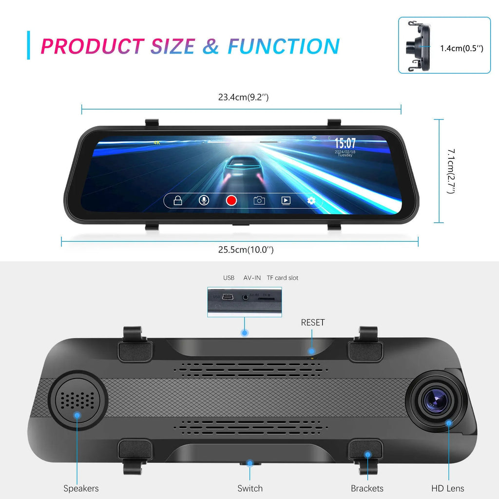 Streaming media rearview mirror with 9.66 inch touch screen displaying dual camera view