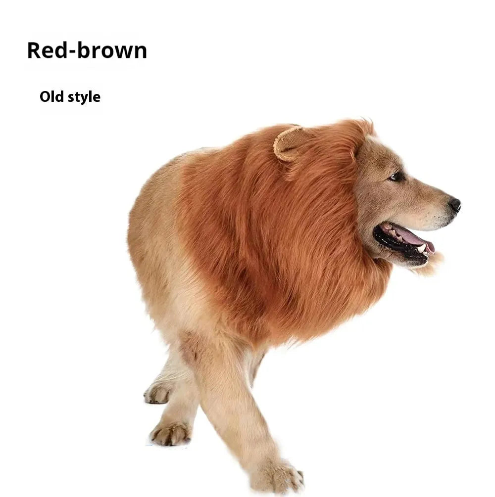 Dog wearing adjustable lion headdress costume with elastic band in light brown colour