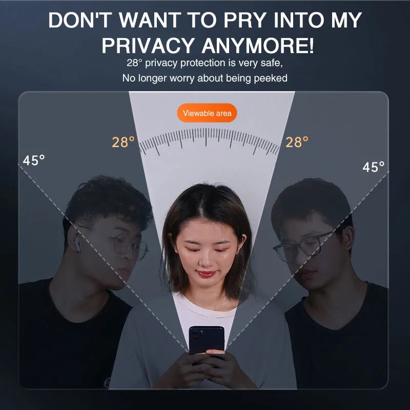 Anti-peeping tempered glass screen protector for iPhone shown against a phone.