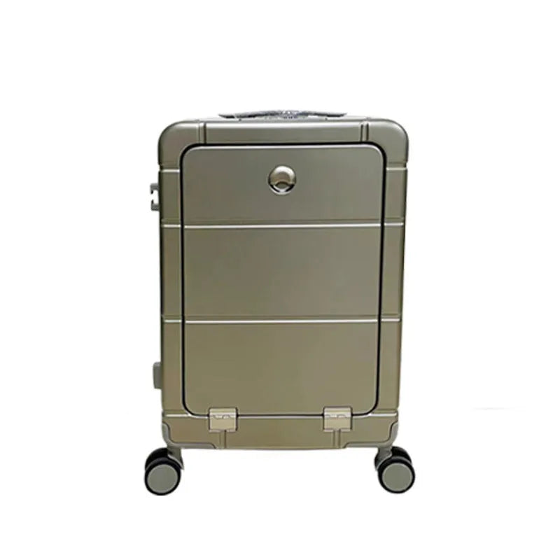 20-inch front opening suitcase in four colour options showing dry wet separation compartments and external holders