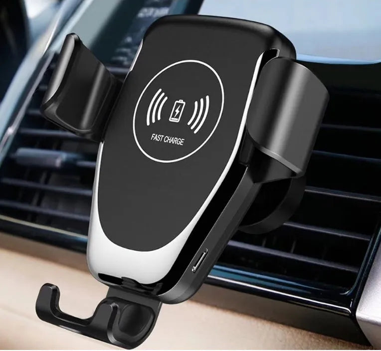 Black car wireless charger mount holding an iPhone on a car ventilation vent