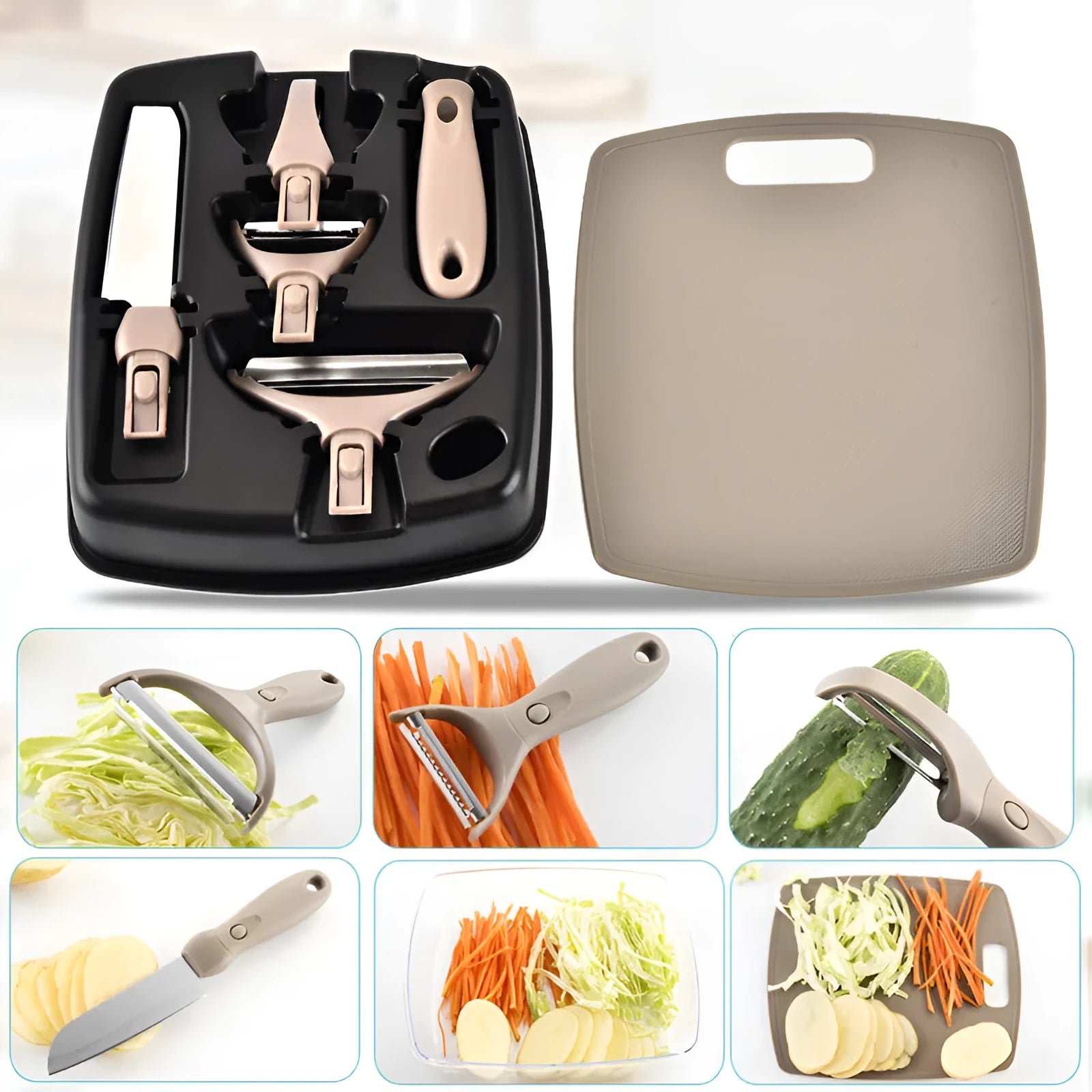Eight-piece stainless steel kitchen tool set with wheat straw chopping board and ergonomic handle