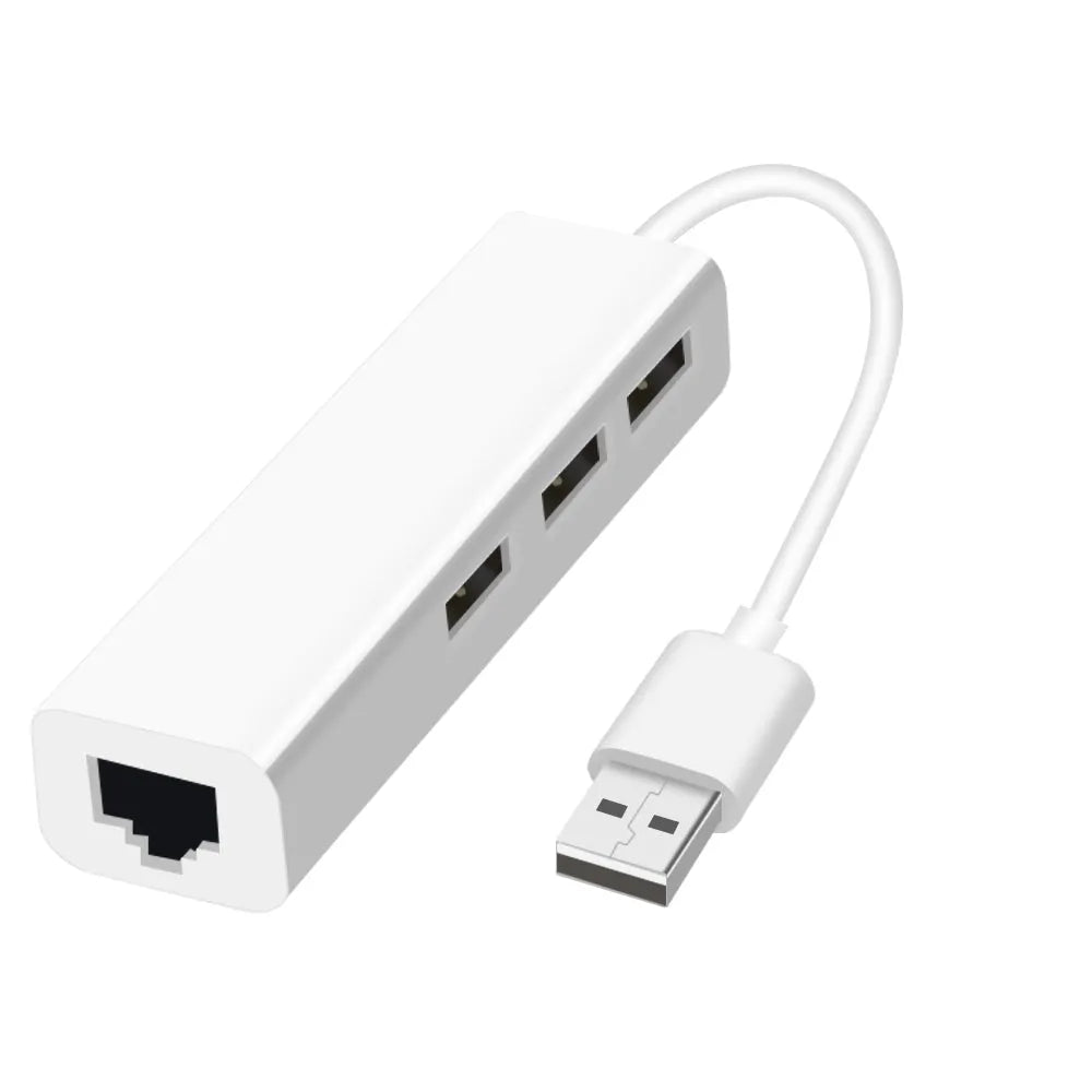 USB to Ethernet adapter with 3-port USB hub and RJ-45 LAN port in grey plastic casing