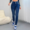 Women's dark blue denim straight-leg trousers with button front closure