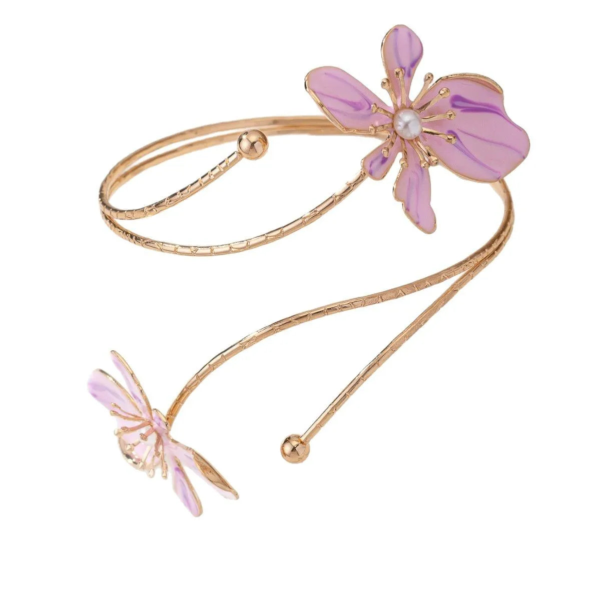 A pink adjustable alloy armband with a hollow line pattern, shown on a wrist.