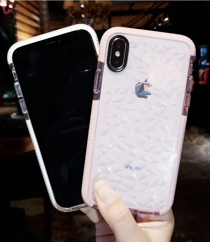 TPU iPhone case with striped back design showing black, pink and white edge colour options