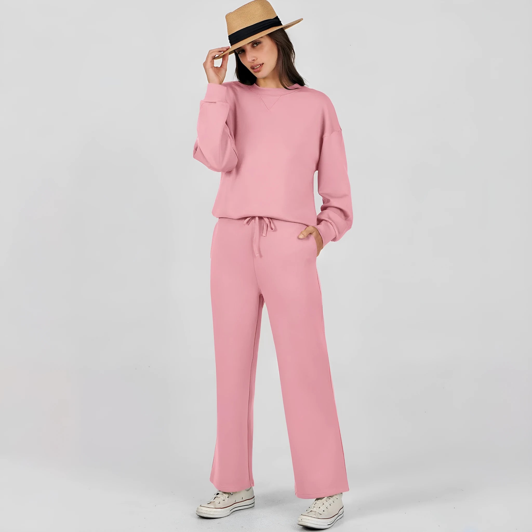 Women's colour block long sleeve sweater suit with trousers in street hipster European and American style