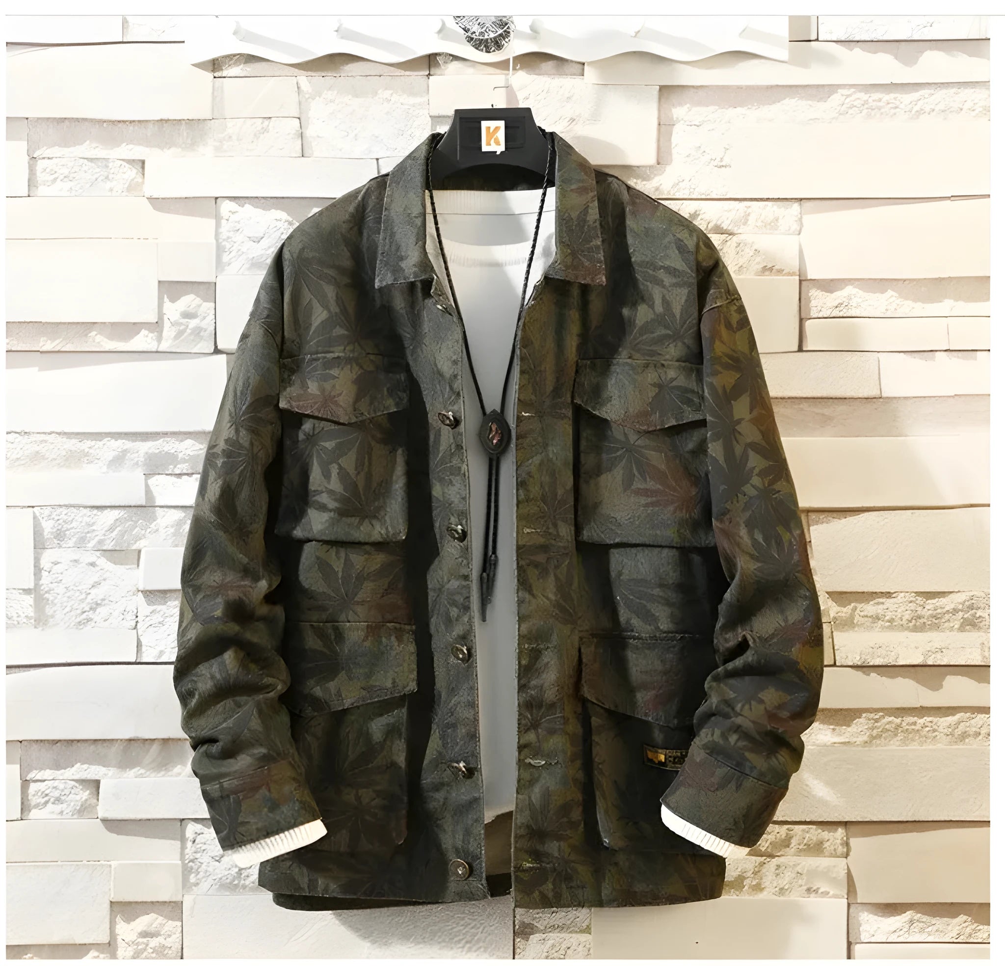 Men's camouflage denim jacket in cotton cowboy fabric, shown as a front view coat