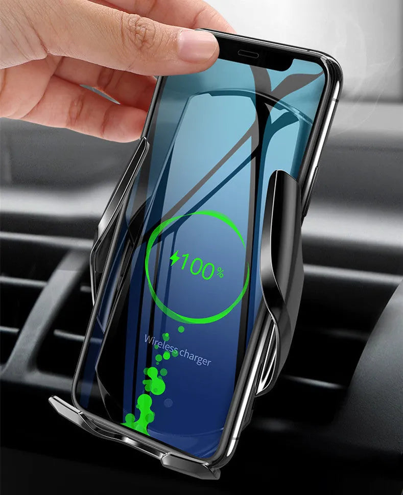 Smart infrared car wireless charger with automatic clamp in black, displaying Type-C port and indicator light