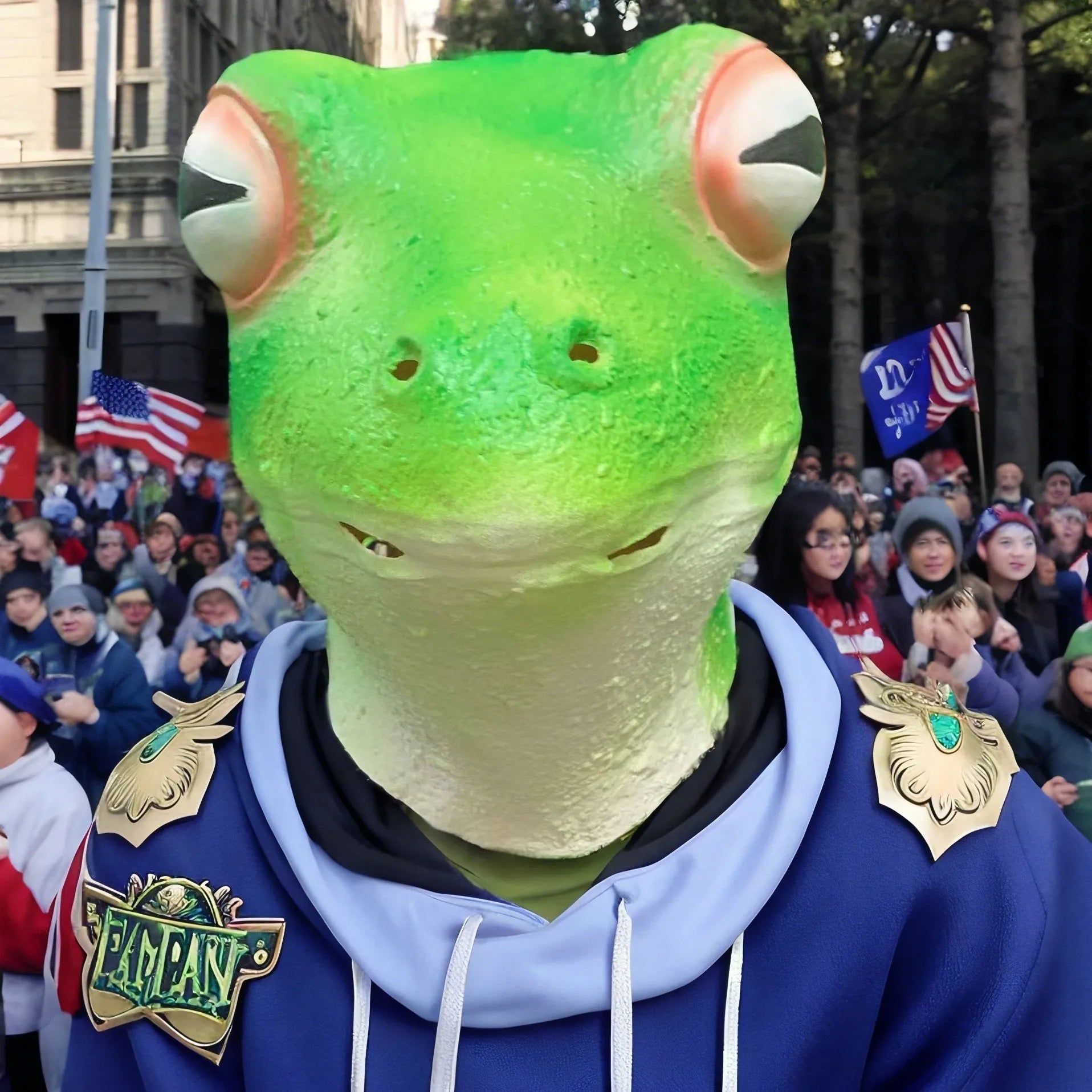 Realistic red-eyed frog latex mask with green and red colouring