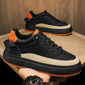 Men's elastic leather casual running shoes in beige – low top, round toe, rubber sole, size 42