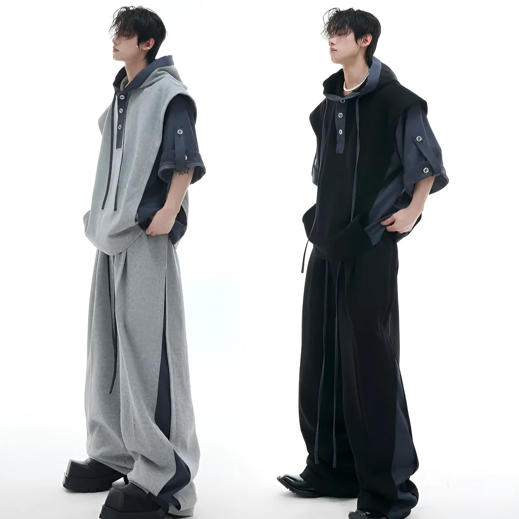 Men's black and grey polyester hooded tracksuit with three-dimensional stitching details