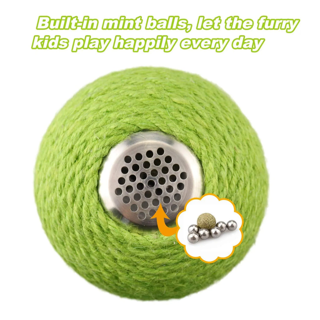 Green interactive cat scratcher ball with natural sisal cactus design and hanging accessories for indoor feline play