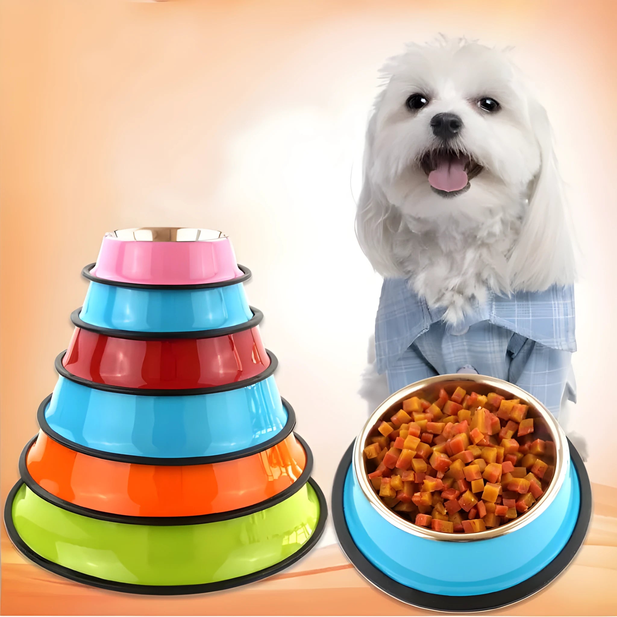 Stainless steel pet bowl with colourful melamine base in six colour options