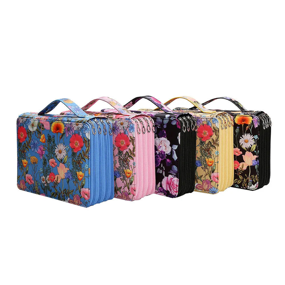 Canvas four layer large zipped pencil case 28x20x9cm in beige with pens visible inside