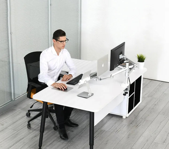 Folding aluminium phone and tablet stand in black showing 360° rotation and anti-slip silicone pads