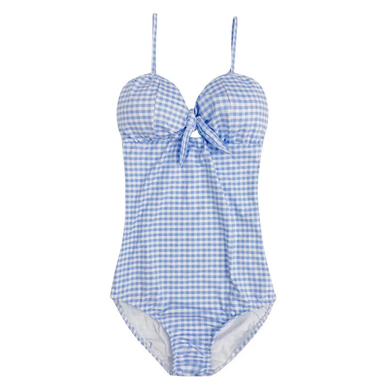 Women's blue and white plaid one-piece swimsuit on hanger showing nylon fabric texture